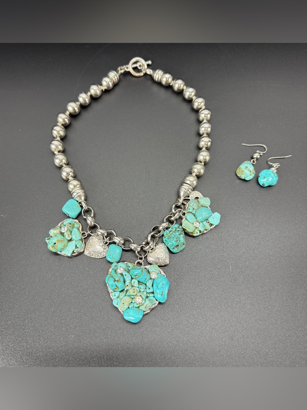 Turquoise Southwestern-Style Chunky Heart Charm Necklace With Earrings